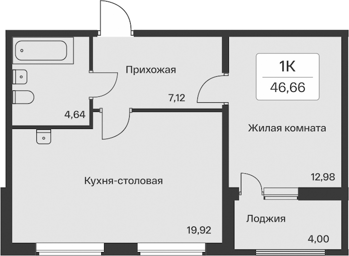 1-комнатная квартира 46.66 м², 11/11 эт., ЖК «Расцветай в Янино»